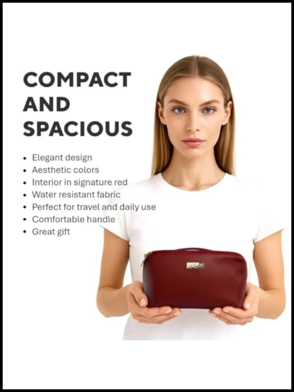 Large Faux Leather Cosmetic Organizer with Handle & Pockets, Travel Makeup Bag